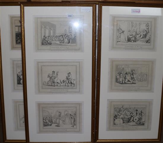 After Thomas Rowlandson, set of 12 uncoloured engravings Comforts of Bath, in 4 frames, as republished 1857